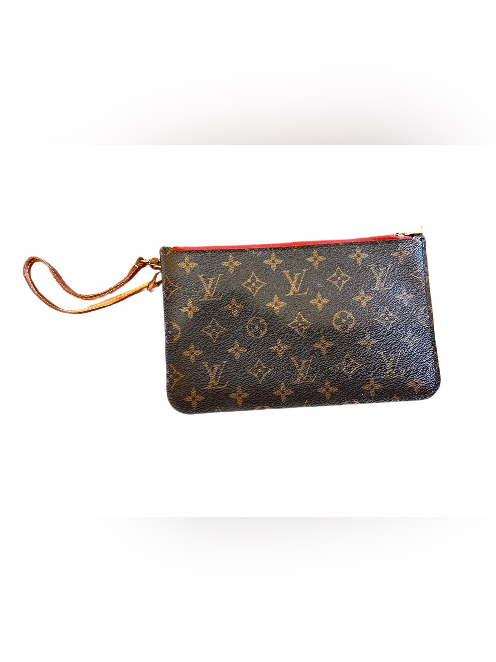 Louis Vuitton Monogram Canvas Pouch with Red Zip and Tan Strap